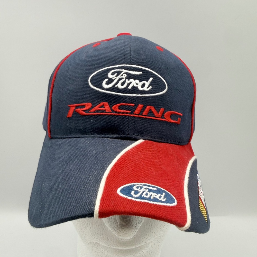 Ford Racing NASCAR Hat Checkered Flag Sports Navy Blue Red Adjustable Cap
